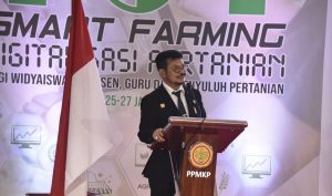 Menteri Pertanian Syahrul Yasin Limpo saat memberikan arahan pada ToT Smart Farming bagi widyaiswara, dosen, guru dan penyuluh pertanian yang dihelat Badan Penyuluhan dan Pengembangan Sumber Daya Manusia Pertanian (BPPSDMP), Selasa (25/1/2022).