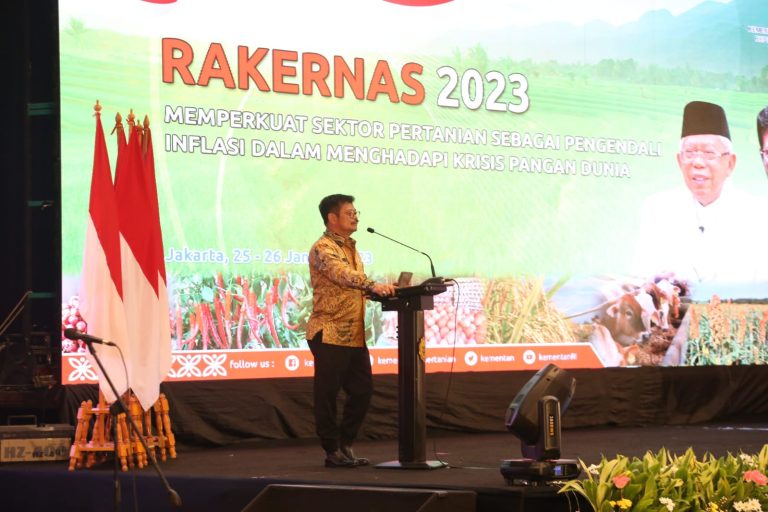 Menteri Pertanian Syahrul Yasin Limpo (Mentan SYL)  saat Rapat Kerja Nasional (Rakernas) Pembangunan Pertanian 2023 di Hotel Bidakara Jakarta, Rabu (25/1/2023).