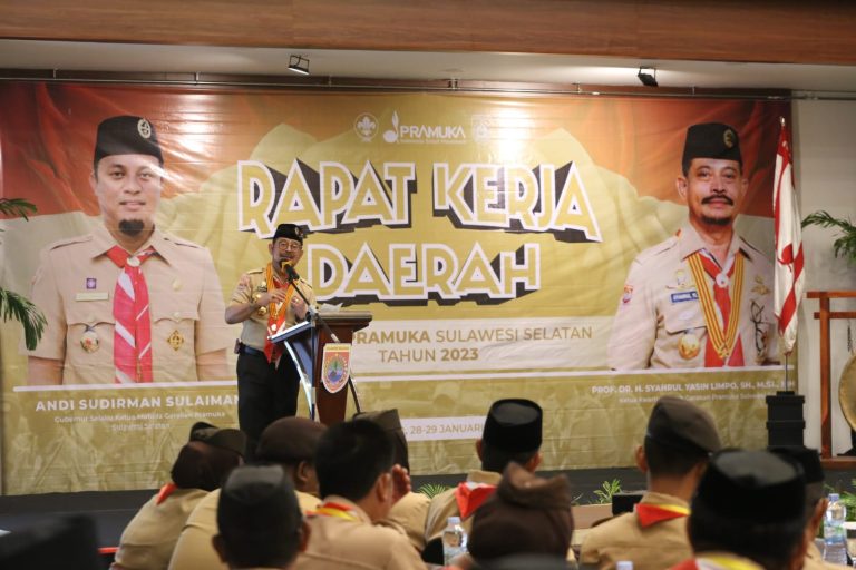 Menteri Pertanian (Mentan) Syahrul Yasin Limpo saat memberikan arahan saat membuka Rapat Kerja (Raker) Daerah Gerakan Pramuka Kwartir Daerah Sulawesi Selatan (Sulsel) di Hotel Claro, Makassar, Sabtu(28/1/23).