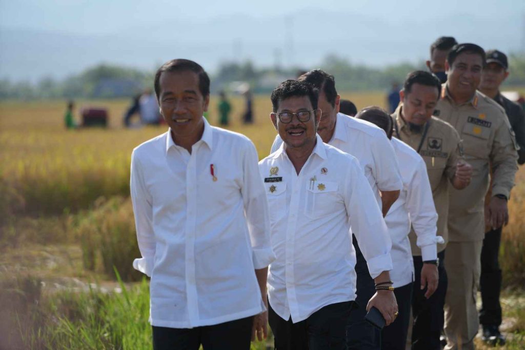 Presiden Joko Widodo (Jokowi) dan Menteri Pertanian Syahrul Yasin Limpo (Mentan SYL) meninjau jalannya panen raya padi di Kelurahan Baji Pamai, Kecamatan Maros Kota, Kabupaten Maros, Sulawesi Selatan.