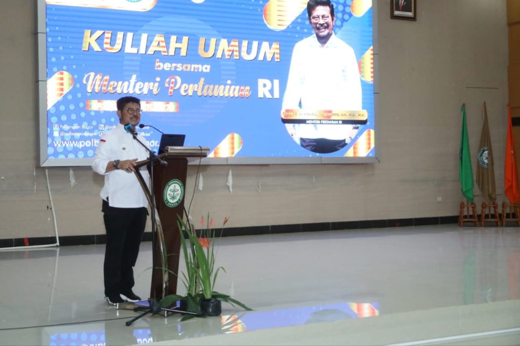 Menteri Pertanian Syahrul Yasin Limpo (Mentan SYL) saat memberikan kuliah umum ke mahasiswa Politeknik Pembangunan Pertanian (Polbangtan) Bogor