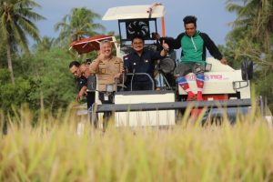 Menteri Pertanian Syahrul Yasin Limpo (Mentan SYL) saat panen raya di di Desa Leppangan, Kecamatan Patampanua, Kabupaten Pinrang, Provinsi Sulawesi Selatan.